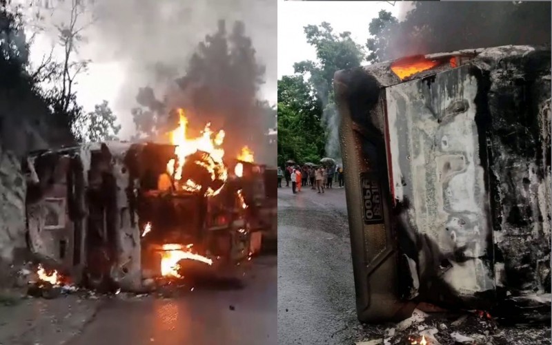 अनियन्त्रित भई बस सडकमा पल्टिंदा आगलागी